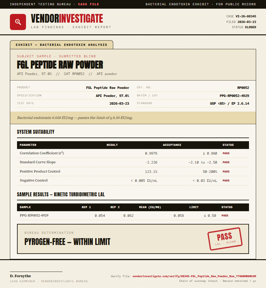 FGL Peptide Raw Powder Endotoxin report by VendorInvestigate